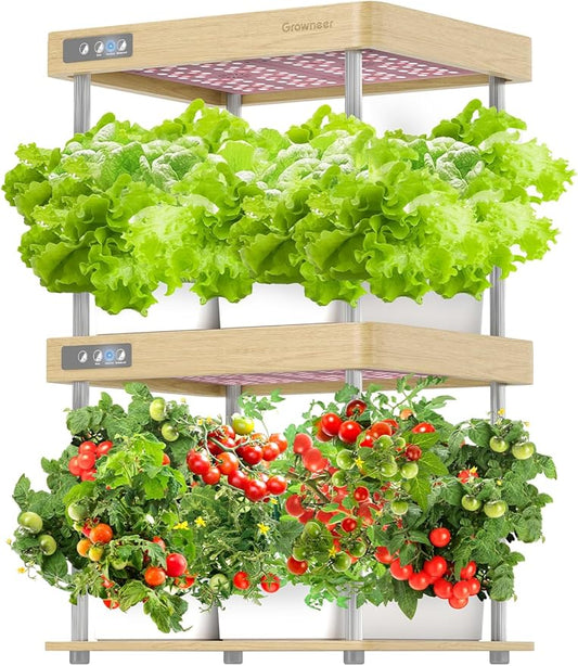 GROWNEER HydroEasy1.0 Hydroponics Growing System Kit, Beginner-Friendly Indoor Garden for Vegetable Fruit Herb, Solid Wood Design, Perfect Gift Idea, Full-Spectrum LED Lights for Maximum Growth