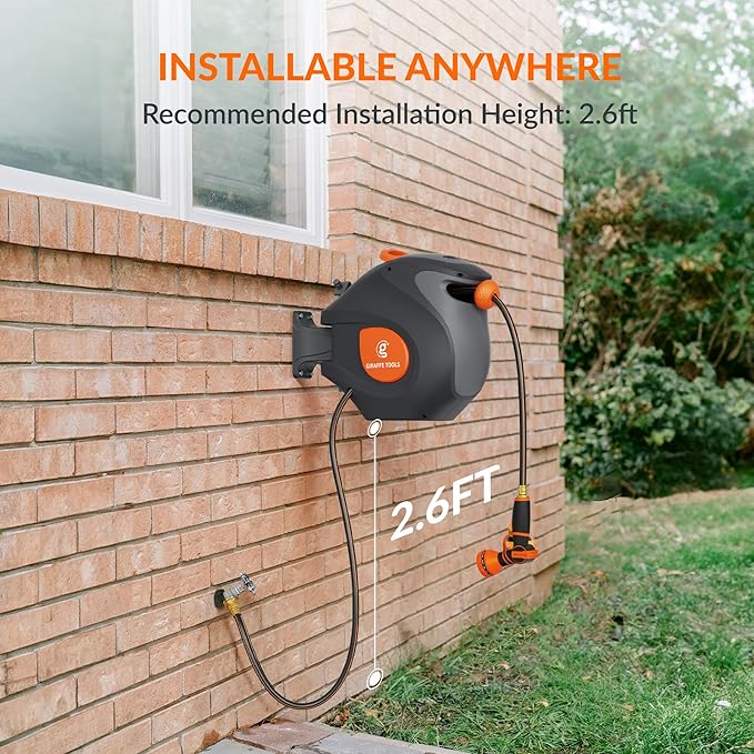 Giraffe Tools BW35 Retractable Garden Hose Reel | Wall-Mounted, Automatic Rewind, 100ft 1/2" Hose with 9-Pattern Spray Nozzle | Outdoor, Lawn, Garden & Car Cleaning Use
