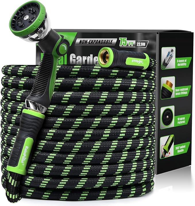 RAINPOINT 75 Foot Garden Hose - No-kink 304 Metal Garden with 10 mode Nozzle - Brass Connection, Swivel Handle, Flexible Hose,Lightweight, Puncture