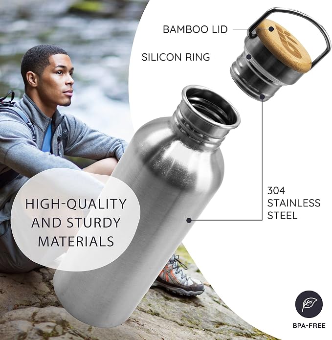 Bambaw Stainless Steel Water Bottles 32 oz, Non-insulated Single Wall Metal - Image 2