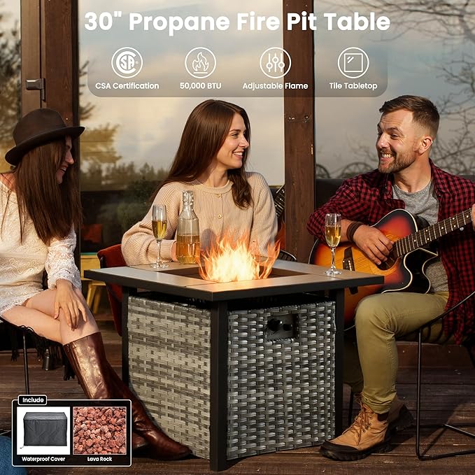 ovios 6 Pieces Patio Furniture Set with 30" Fire Pit Table, Outdoor Wicker Sofa with Comfy Cushions, All Weather High Back Rattan Couch Conversation Set, Denim Blue