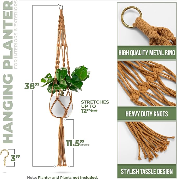Sorbus Macrame Plant Hanger (8 Pack) Indoor Outdoor Hanging Plant Pots Cotton Rope, Elegant for Home, Patio, Garden (Brown)
