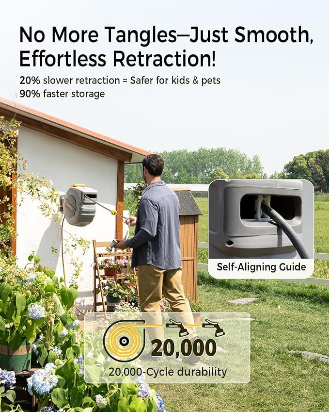 Retractable Garden Hose Reel 5/8 in x 100 ft Metal Bracket, 2025 Upgraded Dual Ratchet Lock UV & Freeze Protection Brass Seal Slow Retraction Anti-Tangle Hose 180°Swivel