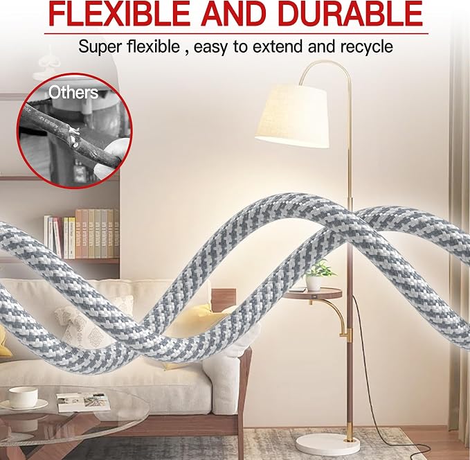 16/3 Flat Plug Braided Extension Cord 15 FT, Indoor 3 Prong Grounded Low - Image 6