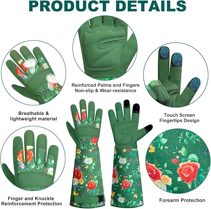 DLY Gardening Gloves,Leather Rose Gloves,Women's Long Gardening Glove for Garden Work and Yard Work,Durable and Comfortable(X-Large, Green