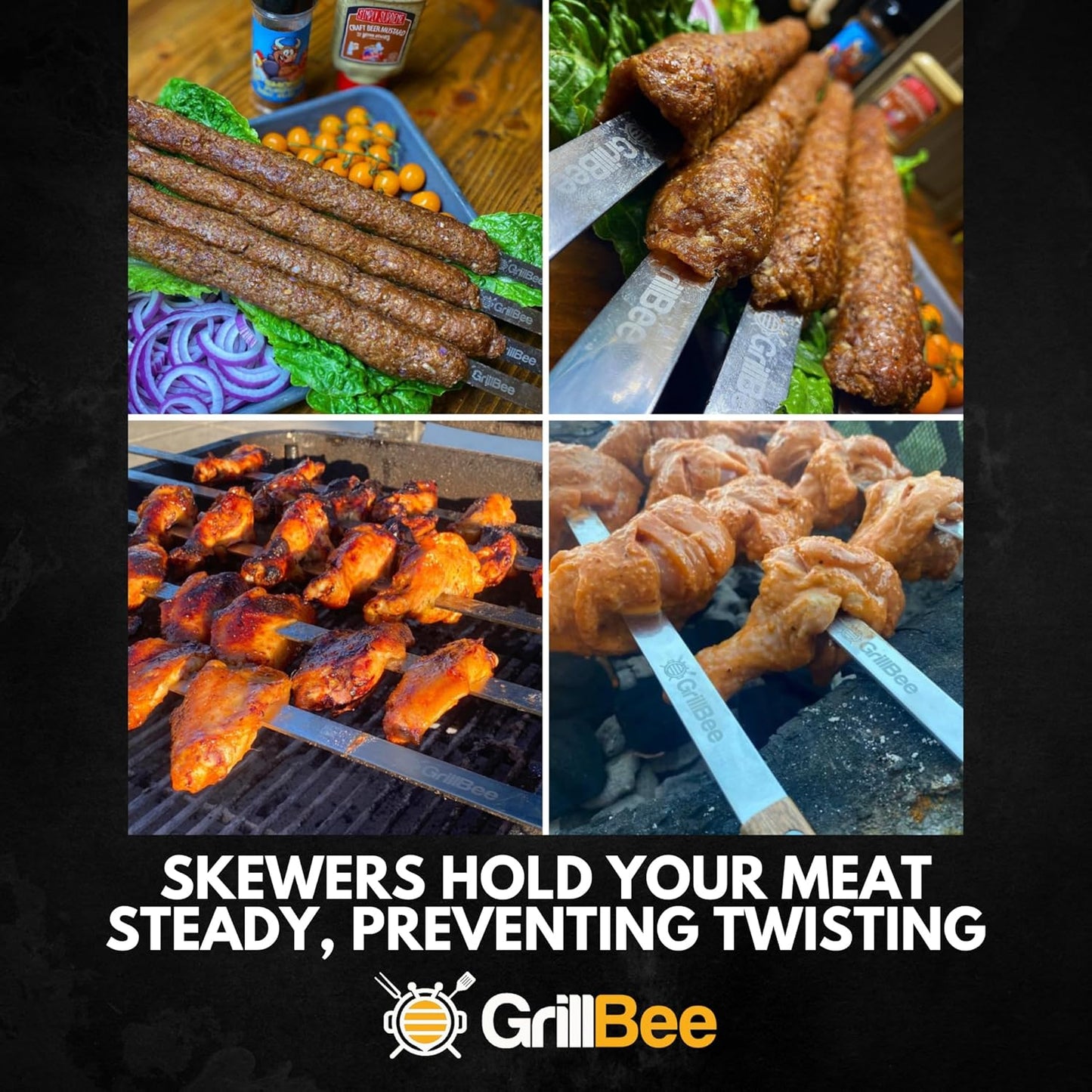 Premium Kabob Skewers 23 inch Long and 1 inch Wide Stainless Steel Flat Reusable Metal Skewers for Grilling BBQ - Making Brazilian Koobideh Chicken Kebab, 8pc Set with Bag