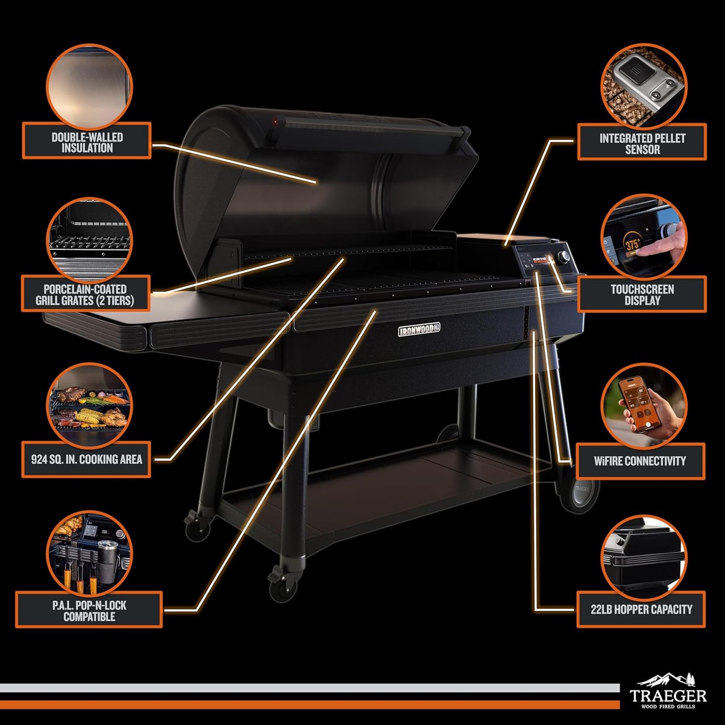Traeger Ironwood XL Wood Pellet Smoker Grill, 924 Sq In Cooking Area, WiFIRE Smart Temperature Control, Up to 500 Degrees, Super Smoke Mode, 6 in 1 Outdoor BBQ Electric Smoker and Grill
