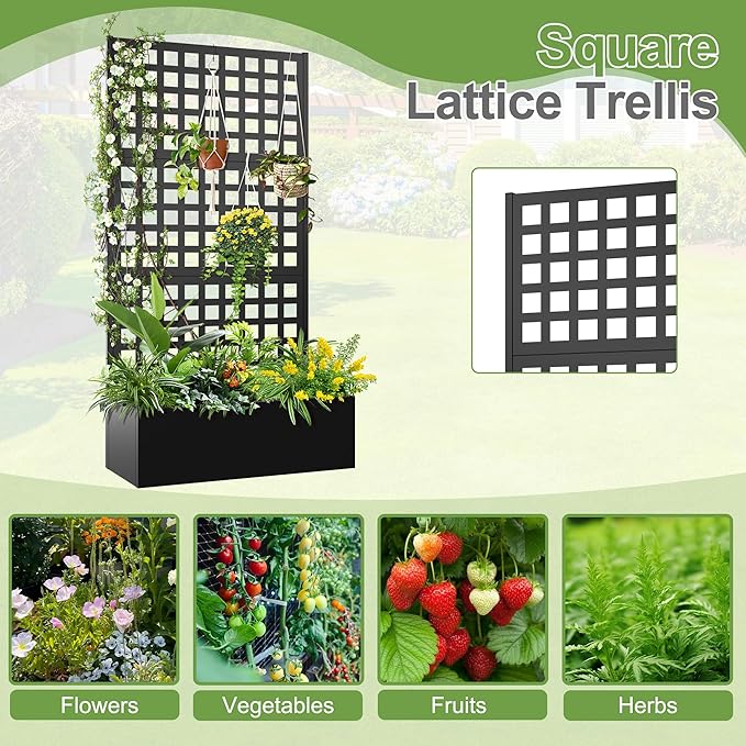 Metal Raised Garden Bed, Trellis Planters Bed with Drainage Holes for Climbing Plants, Vegetables Outdoor Privacy Screen with Planter Box 73"x35"x16", Black