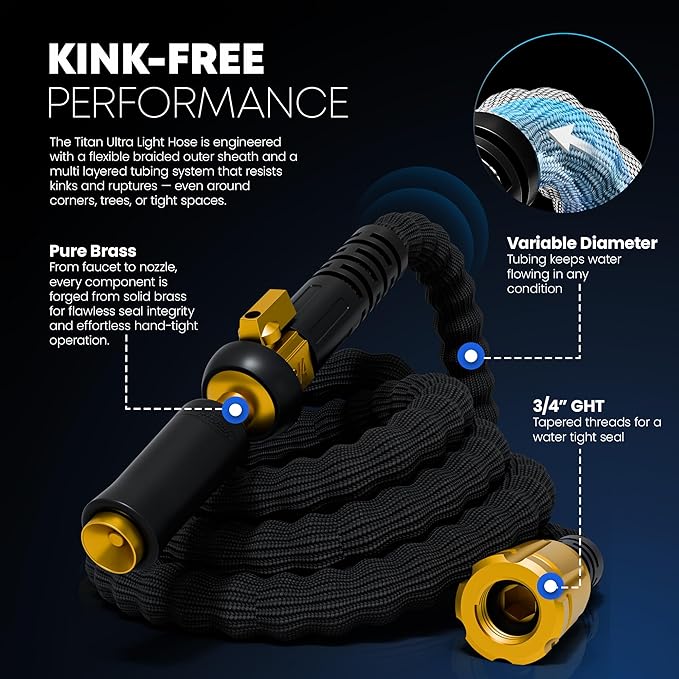 TITAN Flexible Garden Hose 15FT – Ultra Lightweight, Heavy Duty Water Hose with Brass Fittings & Jet Nozzle – Kink-Free, Non-Expanding, Durable Fabric Hose for Yard, Lawn, Car Wash, Outdoor Use