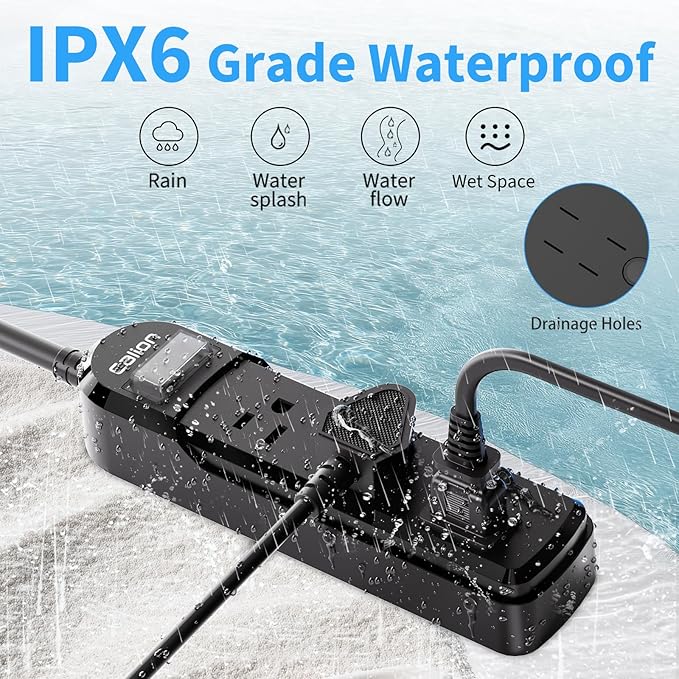 VNJ IPX6 Waterproof Outdoor Surge Protector Power Strip, 3AC Outlets 25FT Cord - Image 3