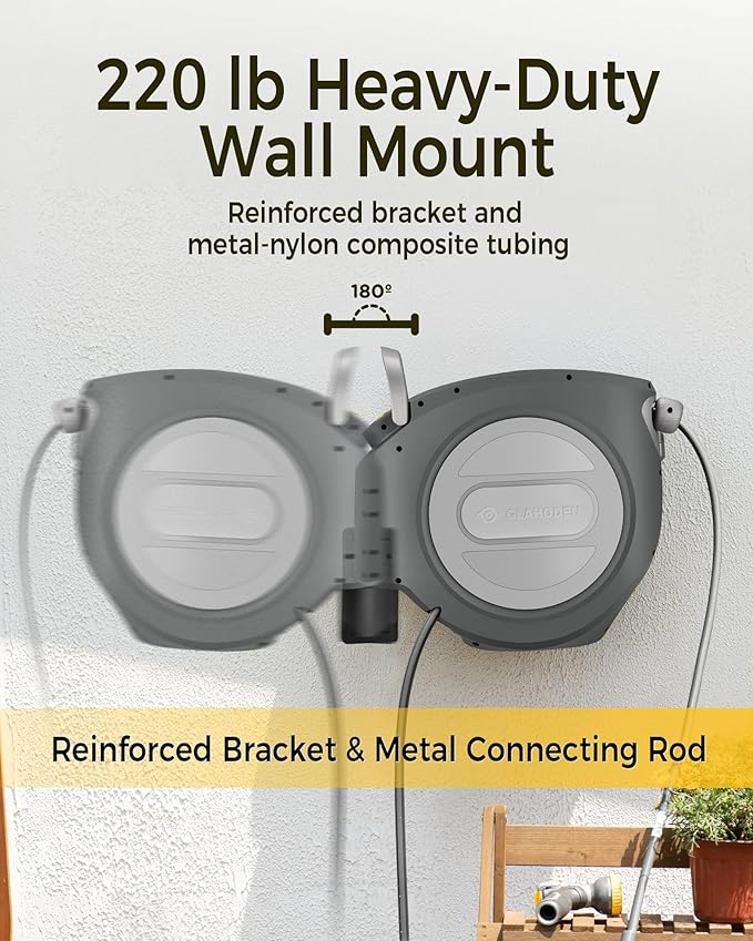 Retractable Garden Hose Reel 1/2 in x 130 ft Upgraded UV Resistant Heavy Duty Automatic Hose Reel Wall Mount 3/4 in Brass Fitting 9 Pattern Nozzle Any Length Lock Slow Retraction