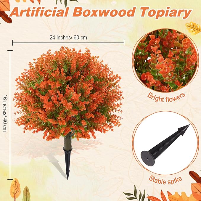 Yunlly 4 Pcs 18 Inch Fall Artificial Boxwood Ball Topiary Tree Outdoor Plants Bush, UV Resistance Faux Shrub with Spike Fall Porch Decor for Indoor Garden Yard Porch Patio Decor (Orange)