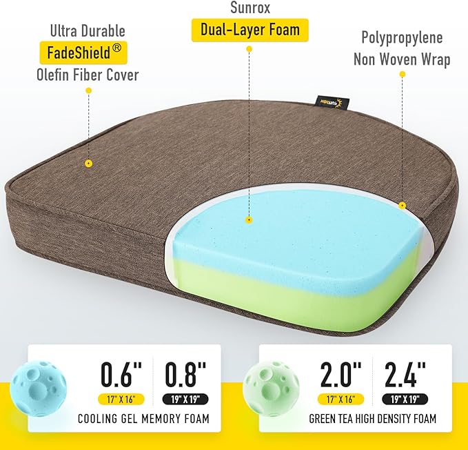 SUNROX Gel Memory Foam Chair Cushions, FadeShield Water-, Stain-Resistant Durable Reversible Seat Cushion Pads with Ties for Indoor/Outdoor Kitchen Dining Office, 19"x19", Set of 2, Heather Chestnut