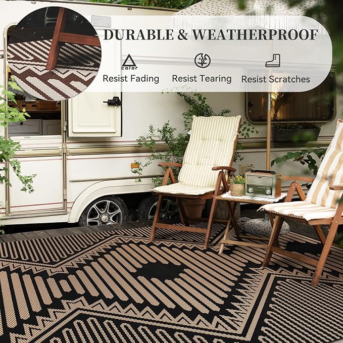 MontVoo Outdoor Rug-Waterproof Patio Rug Mat 5x8 Outdoor Carpet Mat Reversible Plastic Straw Outside Outdoor Rug for RV Camping Picnic Balcony Backyard Pool Deck Porch Modern Boho Black Brown