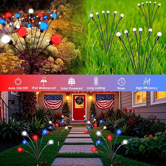 OZS 8pack Solar American Flag Lights - 4th of July Solar Garden LED Outdoor Waterproof Firefly Light for Memory Day, Independence Day, National Day Decoration (Red White Blue)