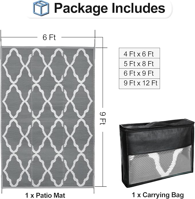 OutdoorLines Outdoor Plastic Area Rugs for Patio 6x9 ft - Reversible Outside Carpet, Stain & UV Resistant RV Mats, Straw Rug for Camping, Deck Garden, Porch and Balcony, Moroccan Grey & Light Grey