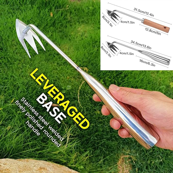 Stainless Steel Multifunctional Weeder, Hand Weeder Tool Stand Up Weed Puller Tool with Long Handle, V-Shaped Light Duty Hand Weeder for Lawn Garden Yard Farmland Weed Removal (Wood Handle 2PCS)