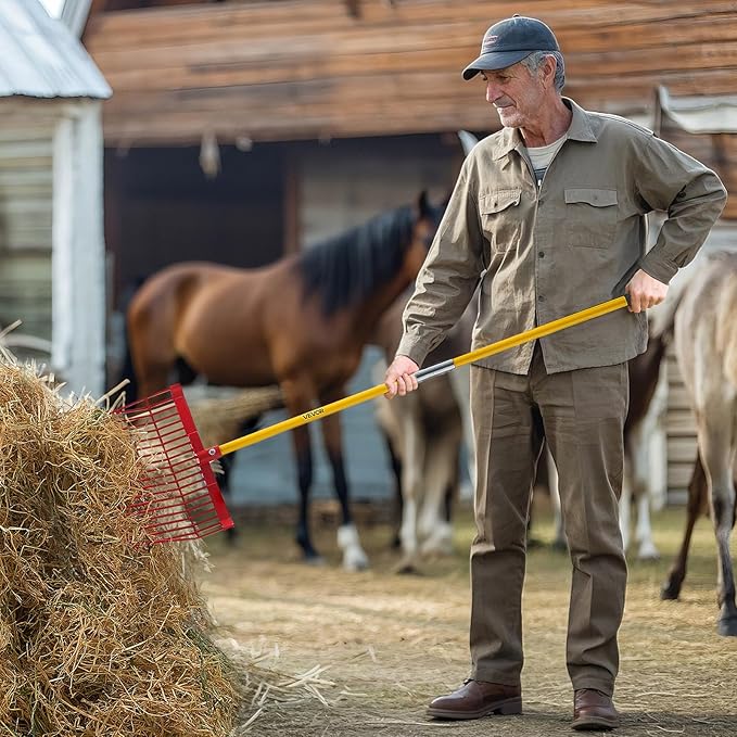VEVOR Manure Fork, 18 Angled Tines, Horse Manure Rake with Long Fiberglass Handle, 61 in Durable Plastic Pitchfork Muck Rake Tool for Gardening Horse Stall Stable Grass Hay Cleaning Farm Work