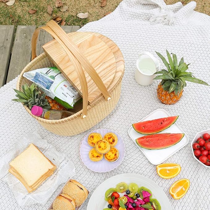 Nantucket Basket Crafts Cane-on-Cane Weave Picnic Basket Shopping Basket Basket Storage Basket Two Swing Handles (Ash Activity Double Open)