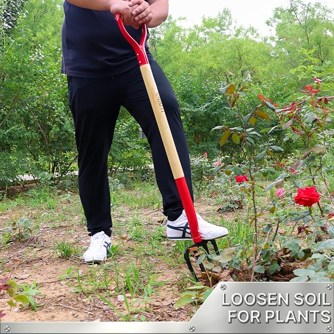 Garden Fork,4-Tine Spading Fork,Compost Fork,Steel Digging Fork,45Inch,Steel Y-Grip,Wooden Handel