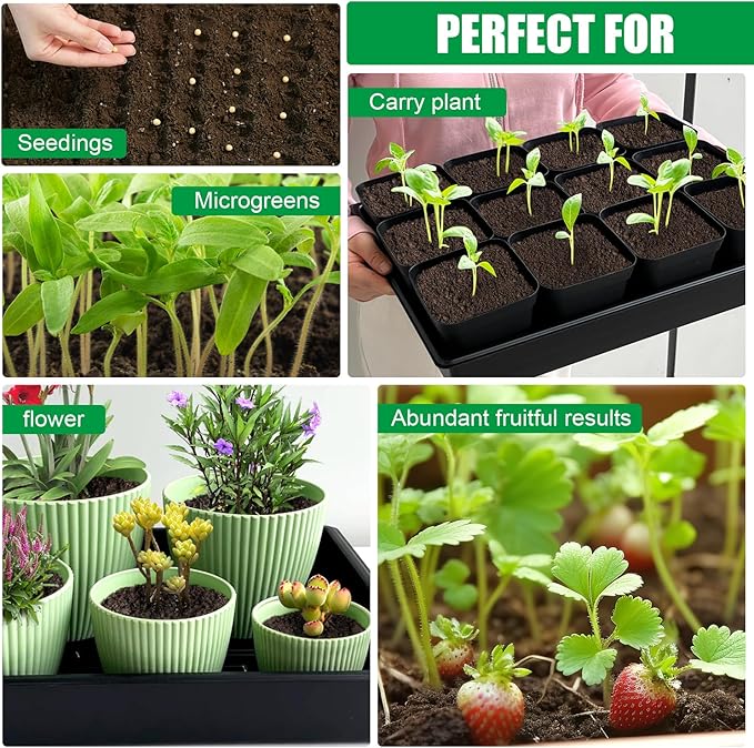 Seed Starter Tray, 5 Packs Plant Tray, Durable Plastic Growing Trays, Stackable Seedling Starter Trays Perfect for Indoor, Outdoor, Greenhouses, 16.5" L x 13.2" W x 2.8" H - Black