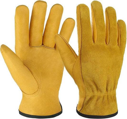 OZERO Leather Work Gloves Flex Grip Tough Cowhide Gardening Glove for Wood Cutting/Construction/Truck Driving/Garden/Yard Working for Men and Women 1 Pair (Gold,Small)