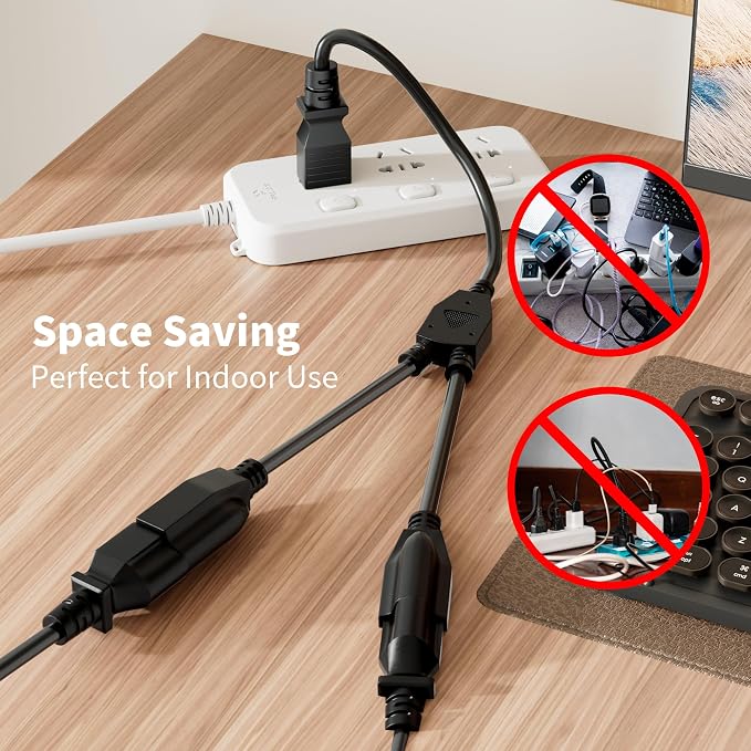 Elecan 3-Prong Y Splitter Power Extension Cord 1 FT, Straight Plug 1 to 2 Way - Image 2