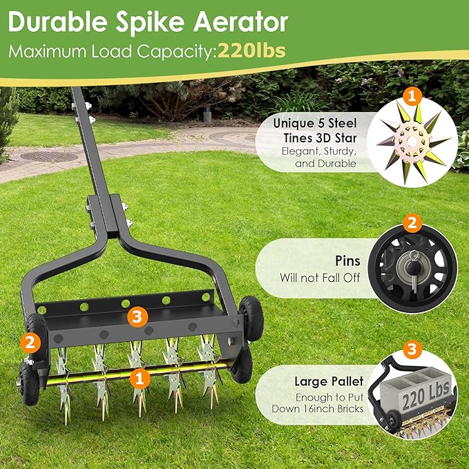 Seeutek 18 Inch Lawn Aerator, Upgraded Heavy Duty Manual Aerators Lawn Tool w/ 3D Steel Tines, 4 Wheels & Non-Slip Handle, Push Spike Aerator Suitable for Lawn, Garden and Yard