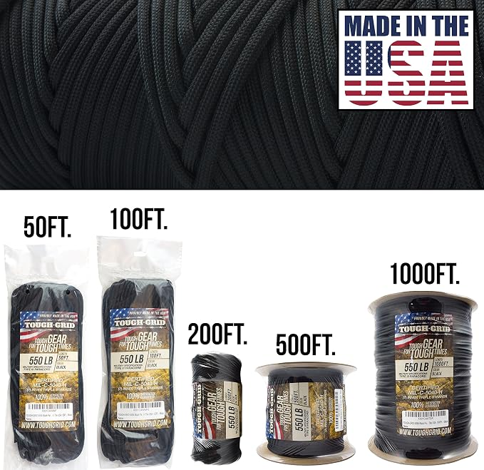 TOUGH-GRID 550 Paracord, Type III Mil-Spec Nylon Rope - 1000 Ft Black Tactical - Image 2