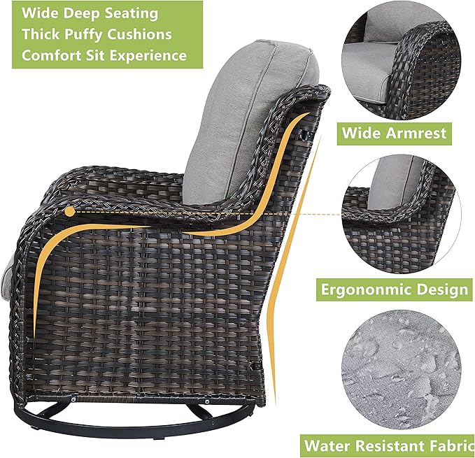 Outdoor Wicker Patio Furniture Set - 5 Pieces Rattan Patio Conversation Set with 2 Rocking Swivel Chairs,2 Ottomans and 1 Side Table for Porch Deck Backyard Garden(Brown/Grey)