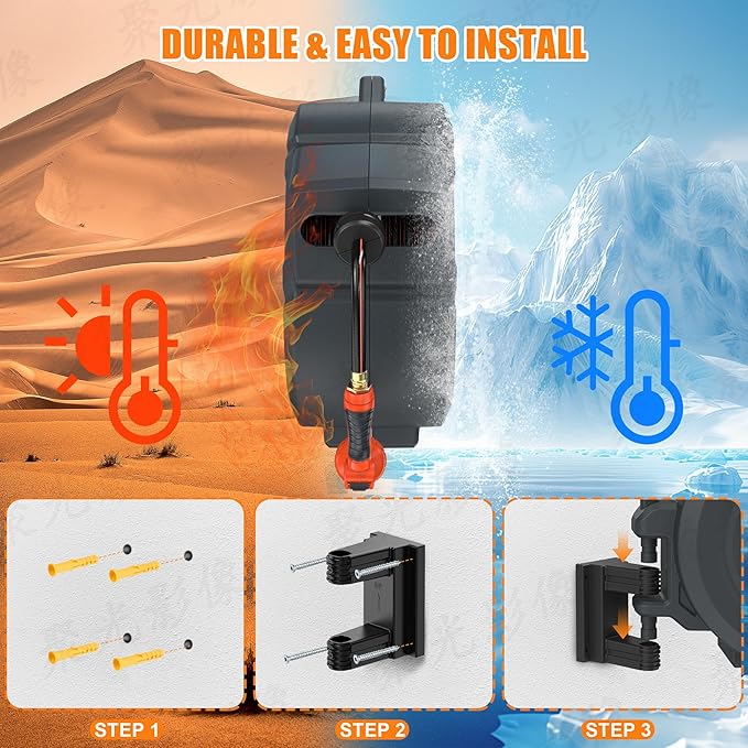 NEOTEC Retractable Garden Hose Reel 5/8 inch x 90ft - Wall Mounted Heavy Duty Hose Reel with 3/4 Inch Brass Fittings & 9-Pattern Nozzle - Auto Rewind System, Any Length Lock, 180° Swivel Bracket