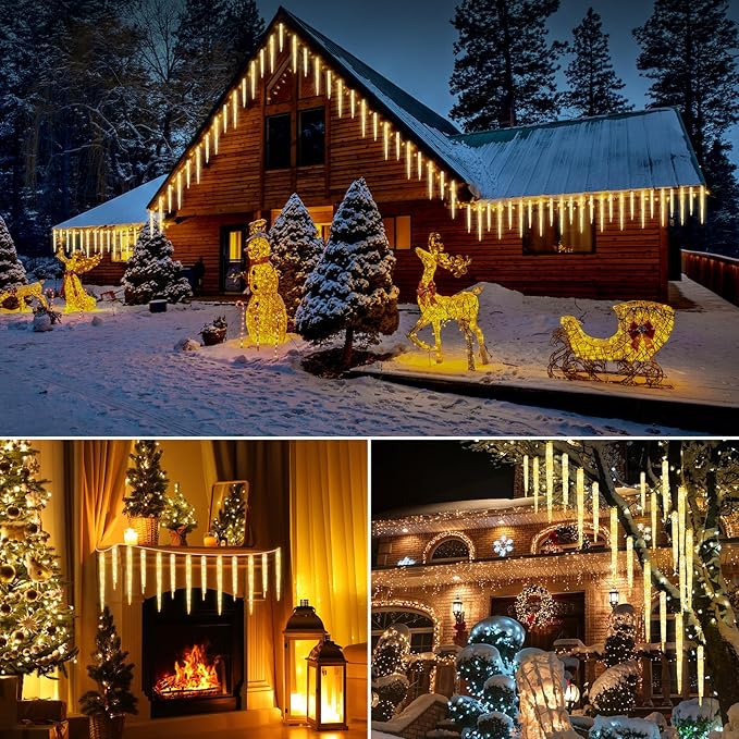 Christmas Icicle Lights Outdoor, 10ft Meteor Shower Lights with 10 Large Tube 240 LED Dropping Lights Effect, Falling Crystal Christmas Decorations for House Eave Roofline, Warm White