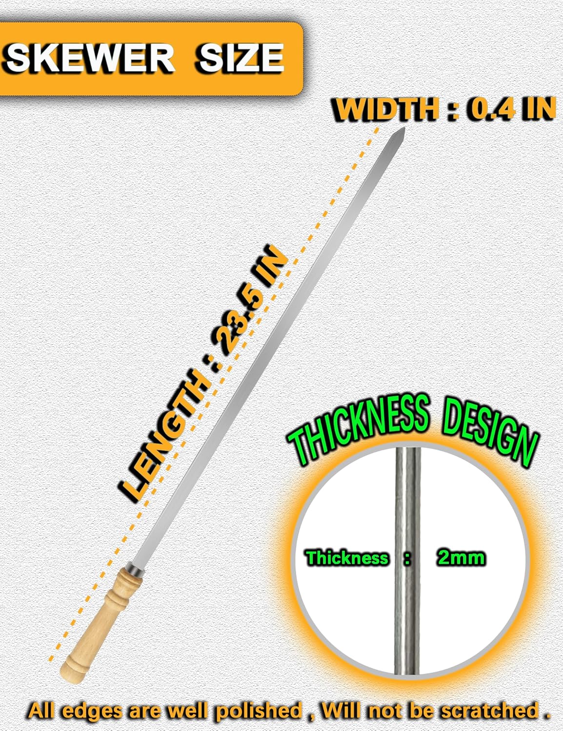 23.5" Large Skewers for Grilling,304 Stainless Steel 0.4 inch Wide Kabob Skewers with Wooden Handle,Heavy-Duty Flat Metal Kebab Skewer,BBQ Barbecue Skewer Reusable for Outdoor Grill-12PCS