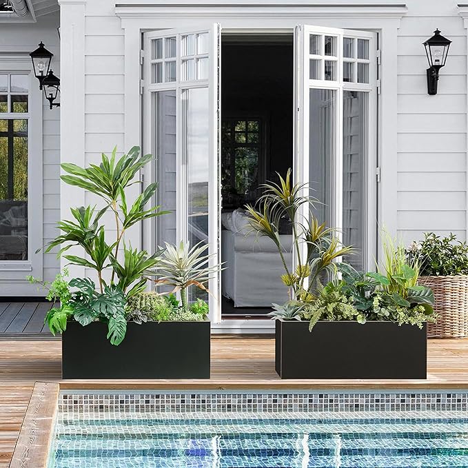 Metallic Heavy Long and Large Outdoor/Indoor Planter, Rectangular Trough Planter Box, 38”Lx15”Wx15”H, 40Pounds, Black with Hand Brushed Gold Edge, No Assemble and Seamless