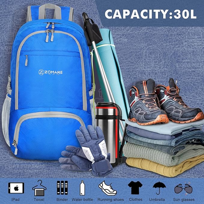 ZOMAKE Lightweight Packable Backpack 30L, Foldable Hiking Backpacks Water - Image 3
