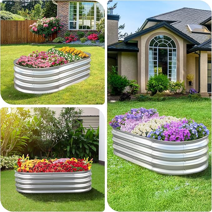 Sponvatt Raised Garden Bed - Outdoor Galvanized Raised Garden Bed Planter Boxes, Large Oval Metal for Gardening Planter Box Kit,Suitable for Vegetables,Herbs, and Flowers (4x2x1 Ft,Silver)