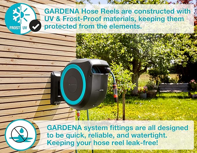 GARDENA (18630) Retractable Garden Hose Reel 115' x 1/2" Wall Mounted, Automatic Retraction & Length Lock for Easy Watering. Heavy Duty Swivel Bracket 180°, Includes Nozzle. Made in Europe
