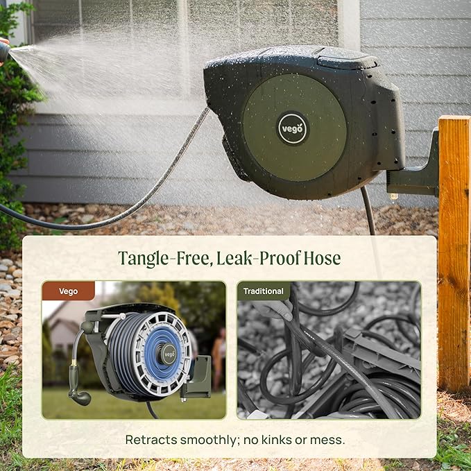 Vego Garden Hose Reel Retractable Hi-Flow x 100ft Wall Mounted Hose Reel Automatic Rewind, Any Length Lock with 9 Patterns Sprayer Nozzle, Quick Connector and Adjustable shot Nozzle-Cloud White