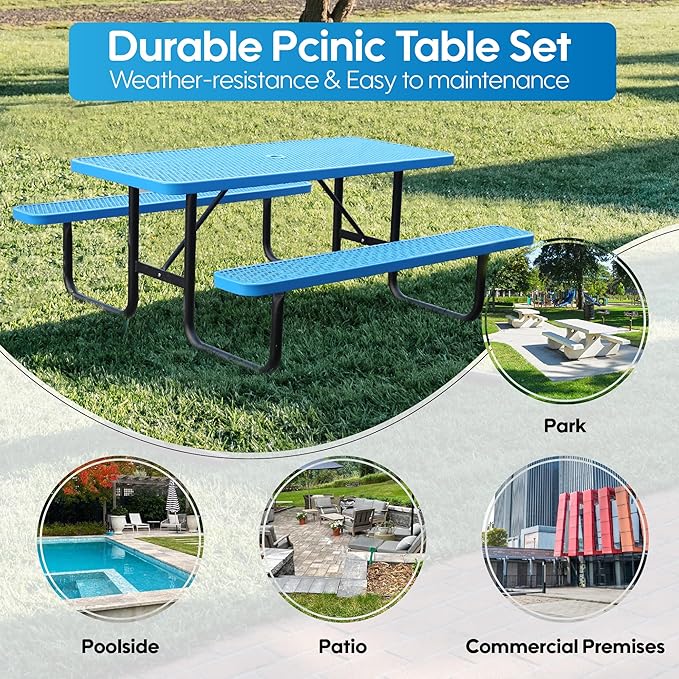 6FT Metal Picnic Tables for Outdoors, Commercial Rectangular Picnic Table and Bench Set for Outside, Patio, Garden, Backyard, Porch, Surface Mount, Blue