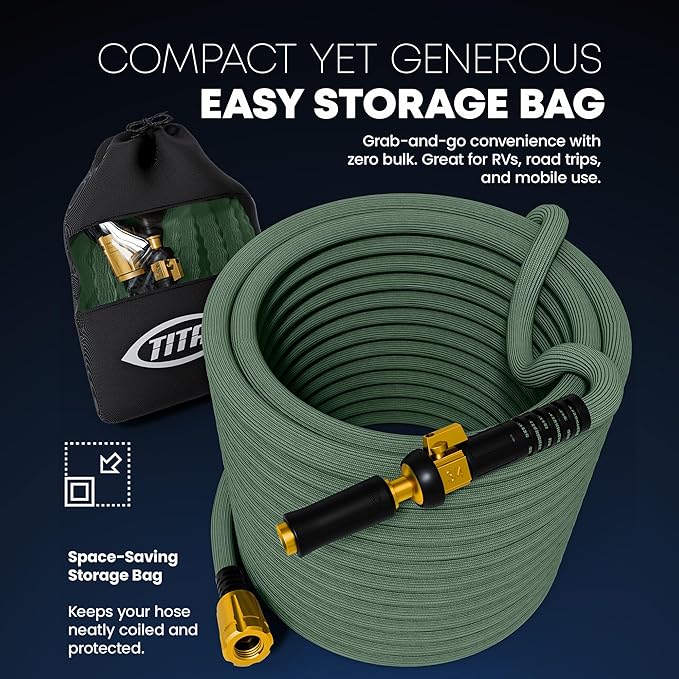 TITAN Flexible Garden Hose 10FT – Ultra Lightweight, Heavy Duty Water Hose with Brass Fittings & Jet Nozzle – Kink-Free, Non-Expanding, Durable Fabric Hose for Yard, Lawn, Car Wash, Outdoor Use