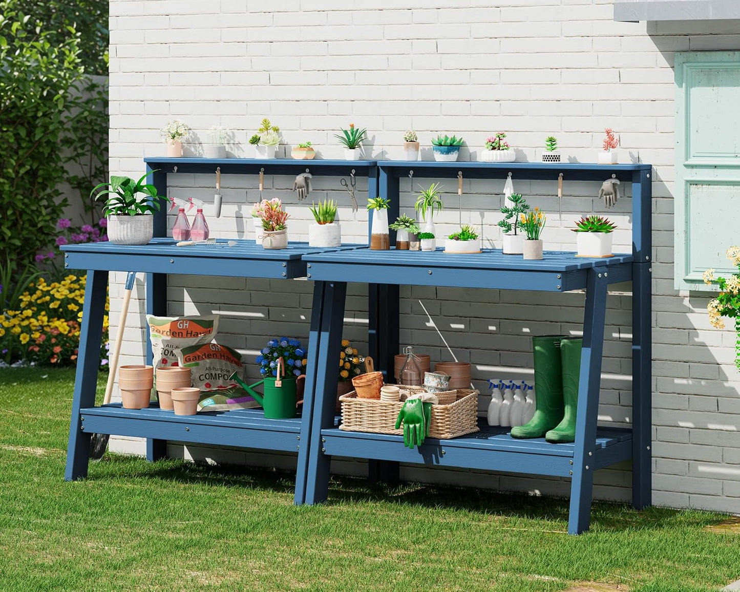 SERWALL Potting Bench Outdoor with Storage Set of 2, 3-Tier HDPE Gardening Table with Angled Legs & Tool Hooks, All-Weather Heavy Duty Potting Table for Patio, Backyard, Garden, Blue