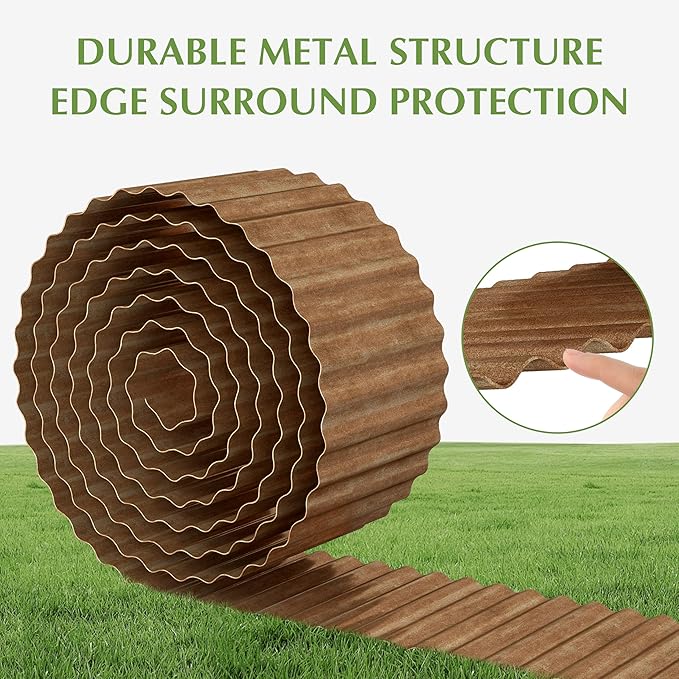 Metal Garden Edging Border, Corrugated Steel Landscaping, DIY for Lawn (Rusty, 6 Inch x 10FT)