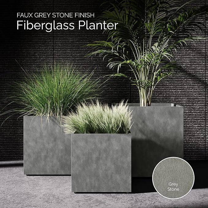 Reglito Cube Planter – Fiberglass Indoor/Outdoor and Weather-Resistant Large Planter (Grey Stone, 23.6" L x 23.6" W x 24.2" H)