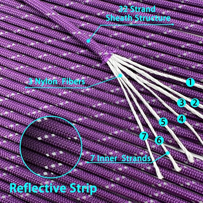 VVAAGG Reflective Paracord Rope 100FT, 7 Strand Nylon para Cord Lanyard Utility - Image 3