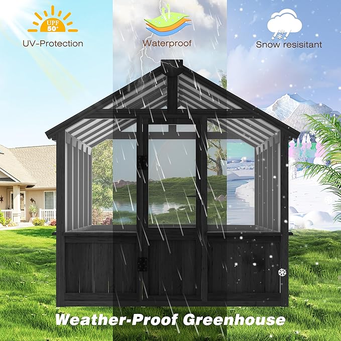 6x10 FT Greenhouse Kit for Outdoor, Thickened Polycarbonate Panel Wooden Walk-in Green House with Lockable Door and Adjustable Roof Vent, Backyard Garden, Black