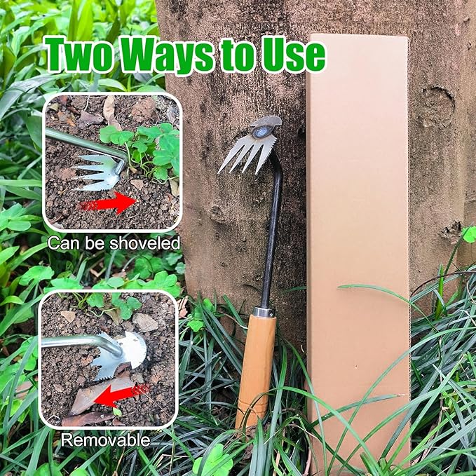 Amposei Weeding Artifact Uprooting Weeding Tool, Multifunctional Weeder, Hand Weeder Tool, Stand Up Weed Puller Tool with Handle for Garden Yard Farm Weed Removal (11in, Wood Handle-A)
