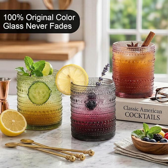 HomeVogue 12oz Colored Hobnail Drinking Glasses Set of 6, Vintage Glassware Old - Image 4