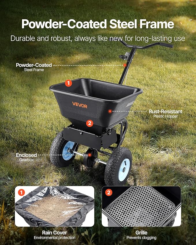 VEVOR Broadcast Spreader, 100LBS4Capacity, Walk-Behind Push Spreader, 0-9.8ft Spreading Width, 13 in All Terrain Pneumatic Tires, Lawn Spreaders with Hopper Grate, for Seed, Fertilizer, Salt, Ice Melt