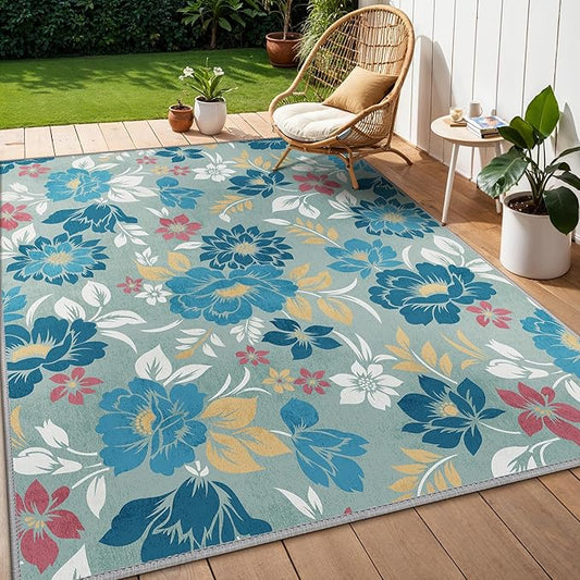 GENIMO Indoor Outdoor Area Rug 6' X 9' Waterproof, Washable Patio Rug Non Shedding, Easy Cleaning Floral Outdoor Carpet for Living Room, Bedroom, Dining Room, Balcony, Backyard, Deck, RV, Blue Grey