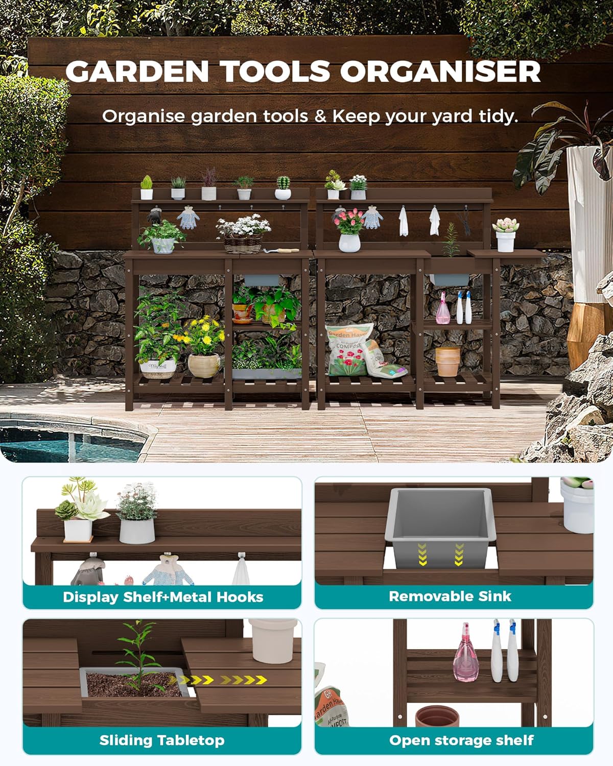 SERWALL Potting Bench Outdoor Potting Table with Sink, HDPE Potting Benches for Outside Gardening Table All Weather Use- Coffee